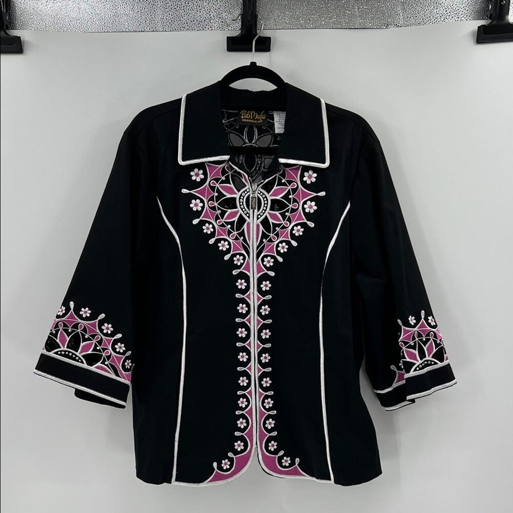 Bob Mackie Women's Wearable Art Full Zip Embroidered Cut Off Jacket - Black - 1X